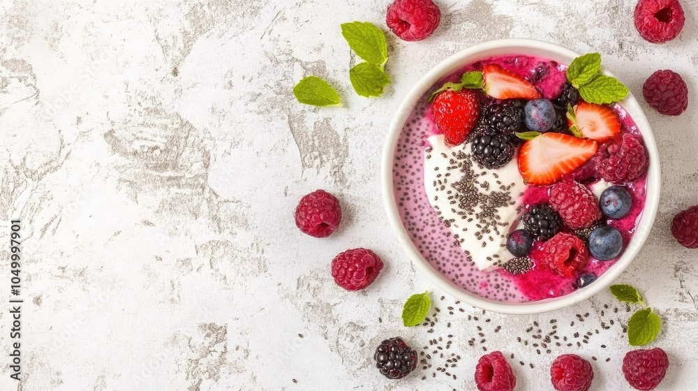 Colorful Fruit Bowl with Fresh Berries and Chia Seeds Colorful Fruit Bowl with Fresh Berries and Chia Seeds