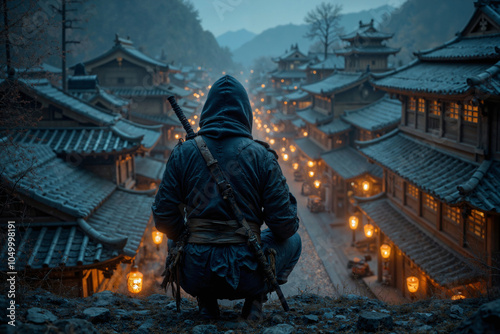 A ninja perched on a hill overlooking a Japanese village at dusk, spying on houses below, stealthily infiltrating enemy territory. A lone warrior watches over a small town, a guardian, a protector.