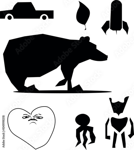 Bear, octopus and various other objects in the form of stickers or icons.