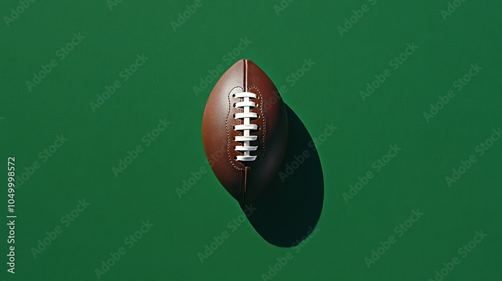 A minimalist image of an American football isolated against a solid green background. The brown leather texture and white laces create a striking contrast with the bold green A minimalist image of an American football isolated against a solid green background. The brown leather texture and white laces create a striking contrast with the bold green