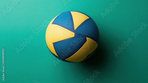 A minimalist image of a water polo ball isolated against a solid green background. The distinct blue and yellow design contrasts beautifully with the vibrant green, emphasizing its unique shape.  photo