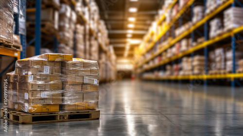 Wrapped food items are stacked neatly on a pallet in the foreground, with high shelves filled with goods disappearing into the distance in the warehouse behind.