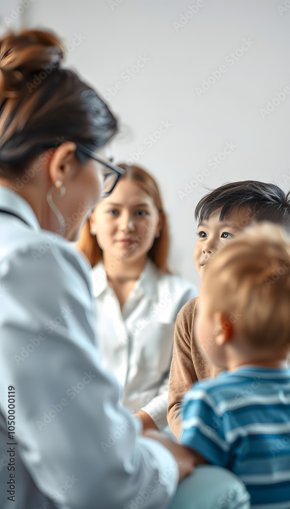 A female psychologist speaks with child patients isolated with white highlights, png A female psychologist speaks with child patients isolated with white highlights, png