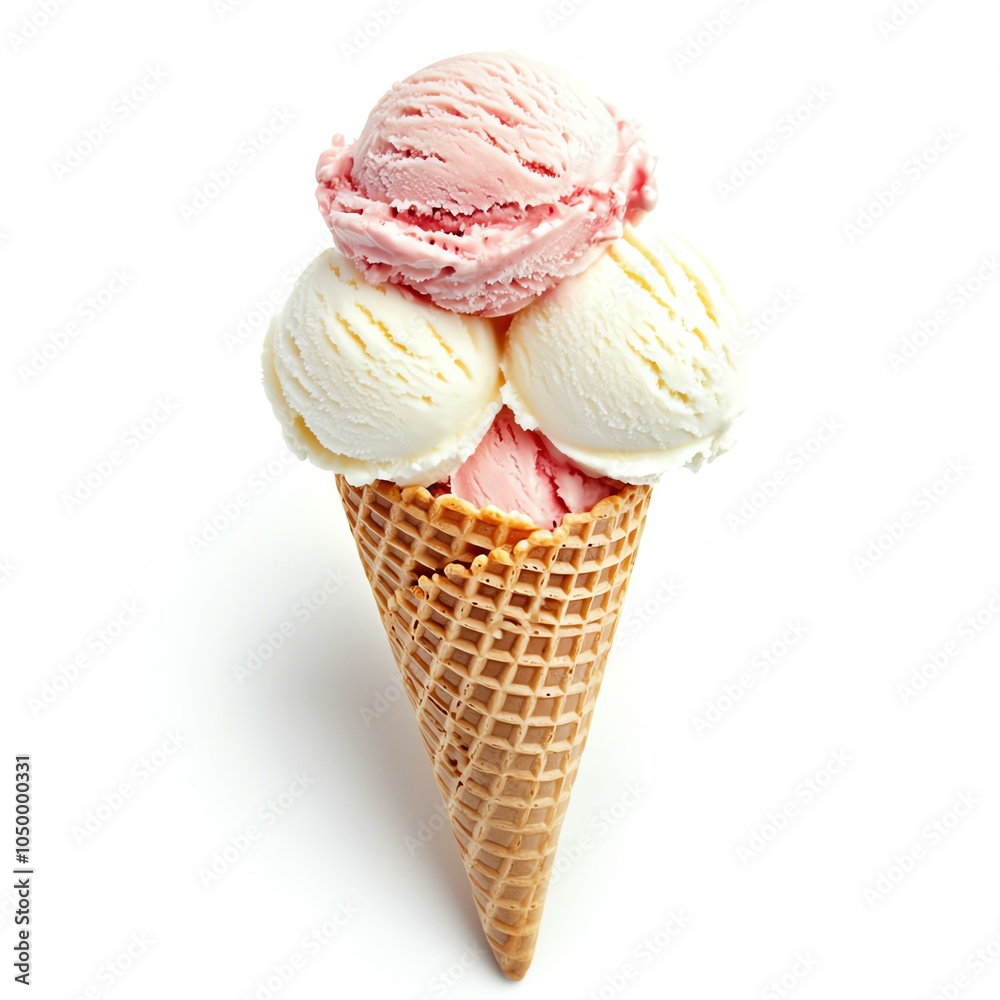 Ice cream cone with three scoops, isolated
