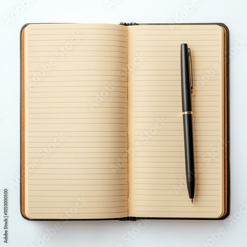 Open notebook with pen on a white background