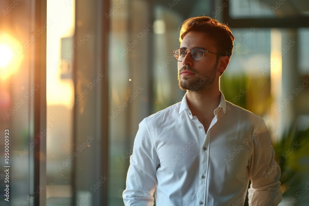 Obraz premium A man with glasses wearing a white shirt looks thoughtfully out a large window with the golden sunset creating a reflective ambiance in the room.