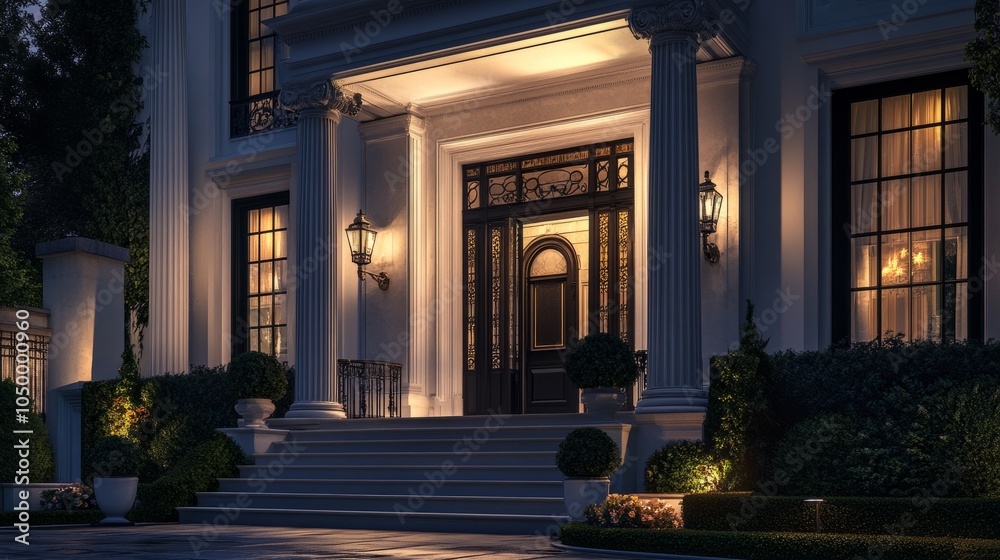 Fototapeta premium Chic city living: townhouse with a timeless Neoclassical design, grand steps, and Ionic columns lining the entrance
