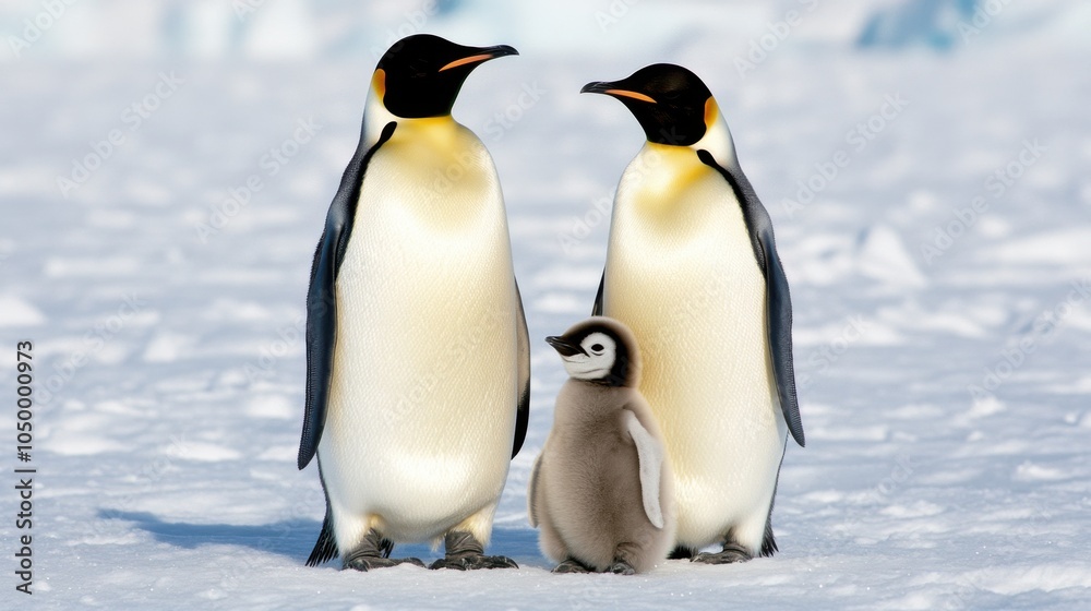 Fototapeta premium Emperor Penguins With Young Chick Together in Snow