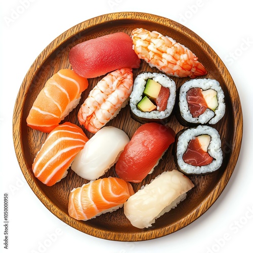 Sushi assortment on a wooden plate. photo