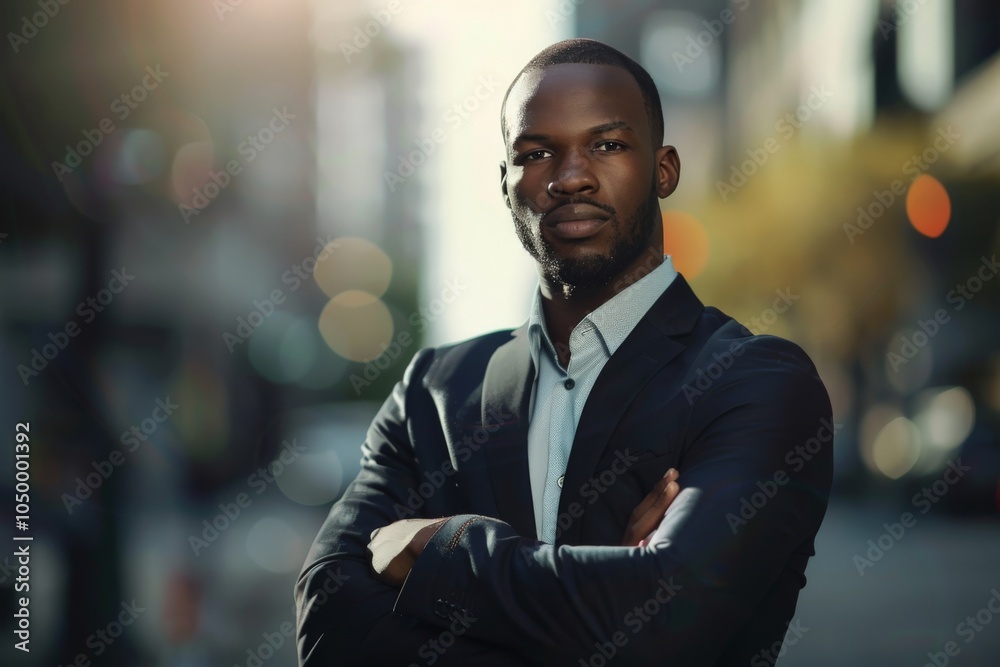 A confident man in a suit stands with arms crossed on a sunlit city street, embodying professionalism and determination amid an urban backdrop. A confident man in a suit stands with arms crossed on a sunlit city street, embodying professionalism and determination amid an urban backdrop.