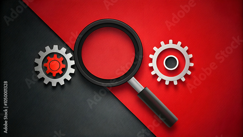 Magnifying glass and gears against a black and red background, symbolizing SEO audit and analysis, emphasizing focus, precision, and technical optimization.