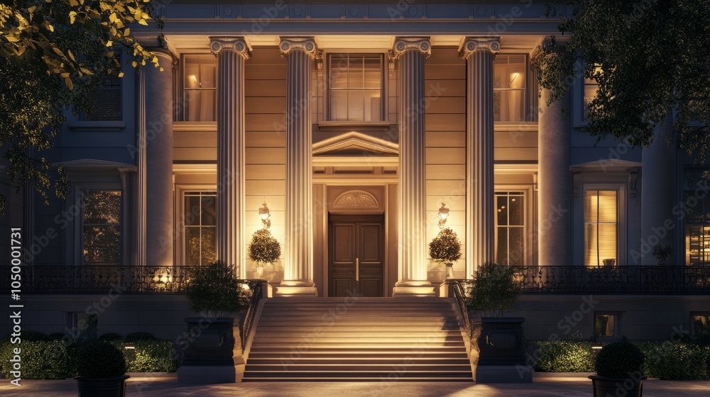 Obraz premium Impressive townhouse facade with Ionic columns and an elegant staircase, surrounded by modern urban life.