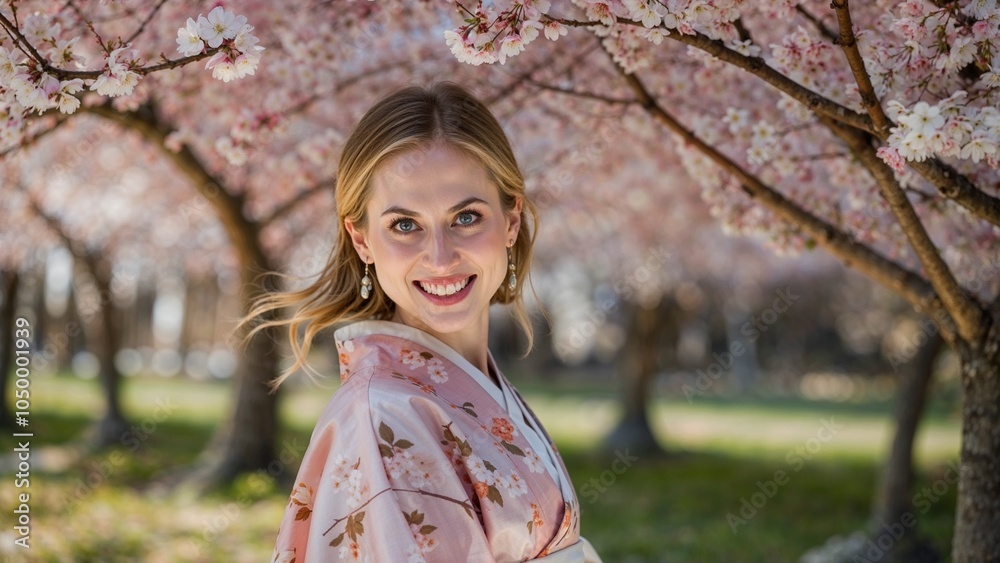 Blonde woman in kimono under cherry blossoms during spring festival Japanese Cherry Blossom Festival Hanami Blonde woman in kimono under cherry blossoms during spring festival Japanese Cherry Blossom Festival Hanami