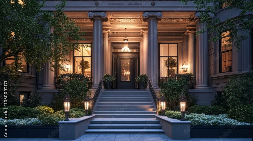 Obraz premium Opulent townhouse entrance: wide stairway flanked by Ionic columns, located in a high-end city neighborhood
