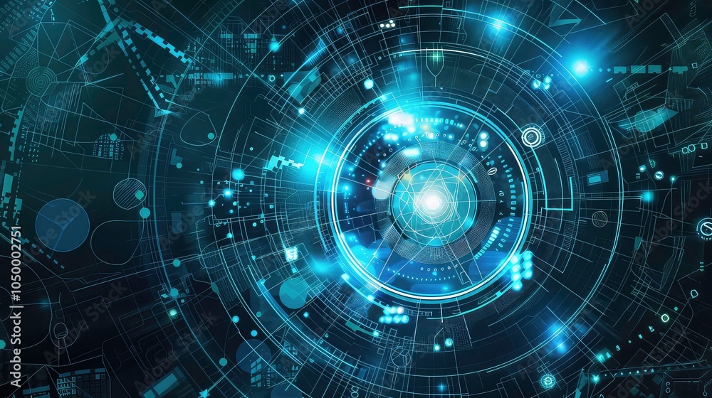 Abstract digital technology concept with glowing lines and circles on black background. Abstract digital technology concept with glowing lines and circles on black background.