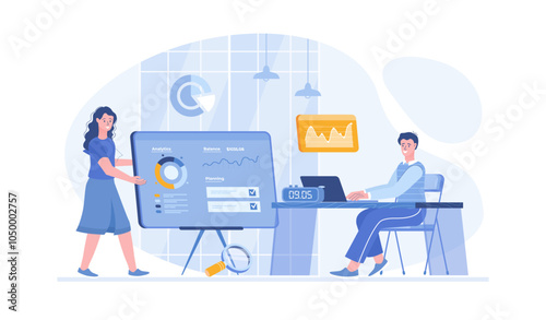 Budget analysis, financial management, cost analysis. Employees doing research and reviewing costs. Vector illustration with characters in flat design for web banner.	
