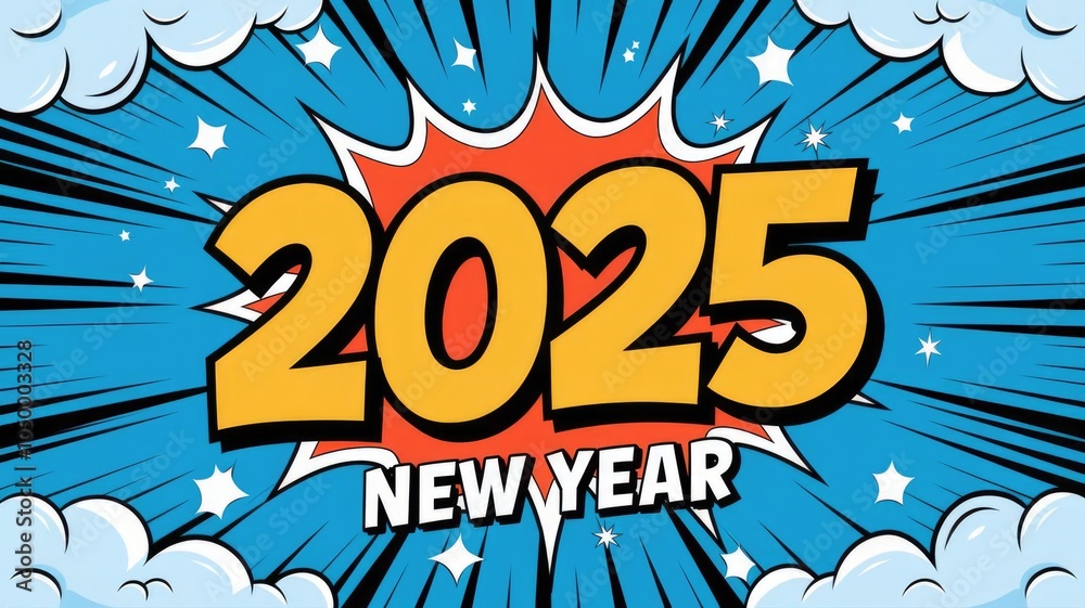 Fototapeta premium Celebratory 2025 New Year Comic Book Explosion Background