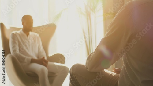 A healthcare worker conducting a mental health counseling session with a patient in a serene therapy office against a soft, calming background, macro shot photo