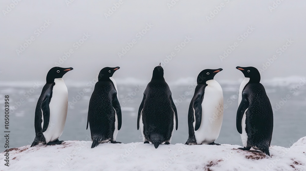 Obraz premium Group of Penguins on Snowy Cliff by the Ocean