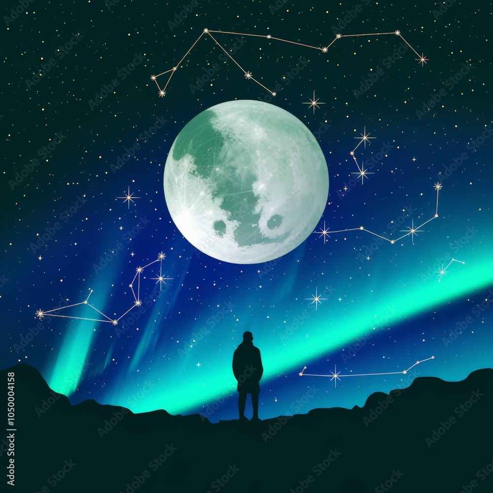 Fototapeta premium Silhouette of person admiring the night sky with constellations and large moon