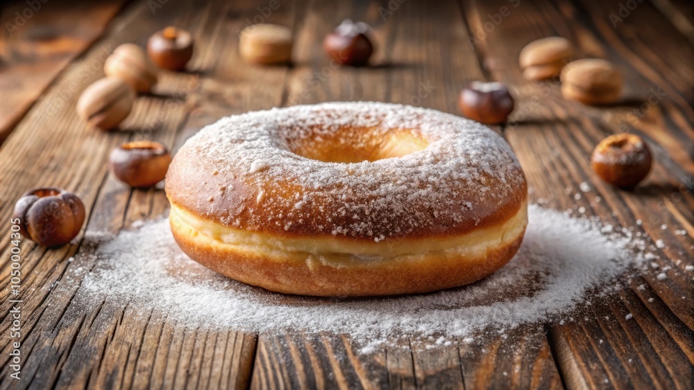 A freshly baked, golden brown donut covered in powdered sugar sits on a rustic wooden table, surrounded by a scattering of brown nuts. A freshly baked, golden brown donut covered in powdered sugar sits on a rustic wooden table, surrounded by a scattering of brown nuts.