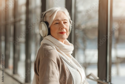 An elderly woman with silver hair relaxes indoors, enjoying music through headphones amid gentle sunlight streaming through large windows, embodying serenity and joy. photo