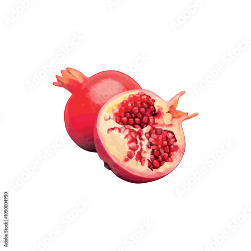 Juicy pomegranate vector and its half with leaves.