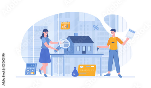 Mortgage, credit agreement. Calculation of loan repayment, home value. Vector illustration with characters in flat design for web banner.	
