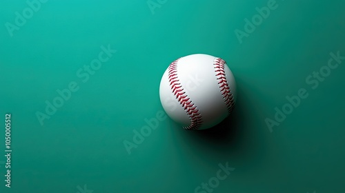 A minimalist image of a baseball isolated against a solid green background. The classic white ball with red stitching stands out against the bold green, focusing attention on its simple elegance. photo