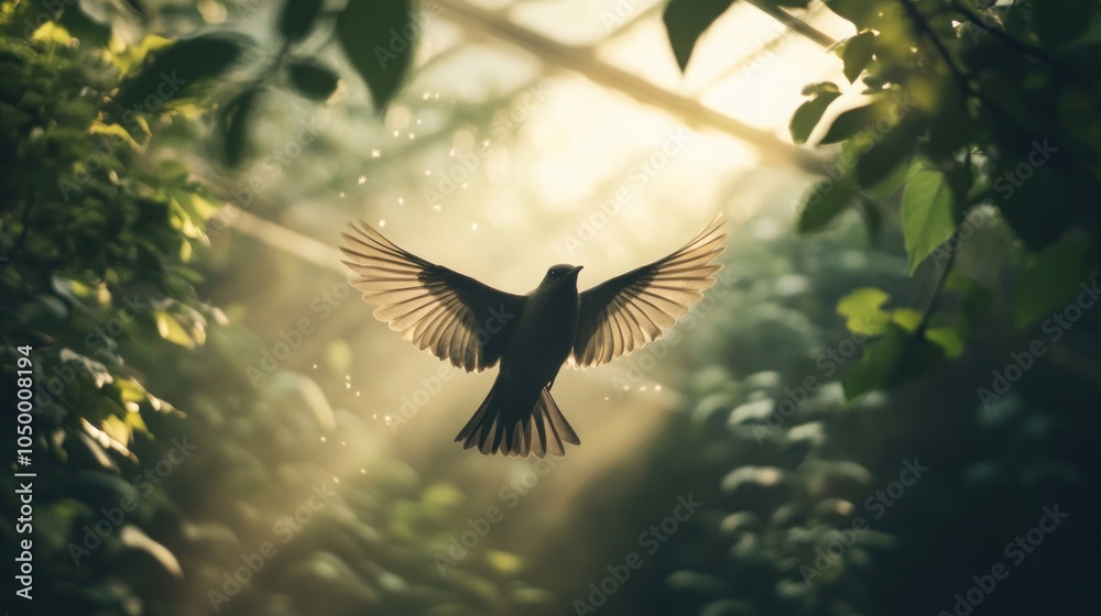 Obraz premium A bird in flight, silhouetted against a backdrop of sunlight streaming through leaves.