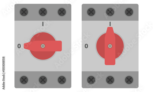 Disconnect switch for DIN rail mount. Modular 3 pole switch with red handle. Vector illustration in flat style