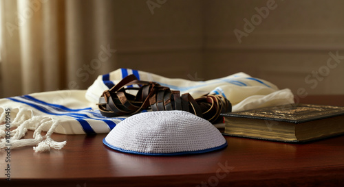 Kippah on a table with Jewish prayer shawl and tefillin symbolizing faith and tradition photo