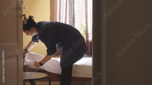 Wallpaper Mural Female housekeeper changing bedding in a hotel room. The housemaid flattening snow-white sheets. An employee is cleaning a room in a hostel. Concept of quality service in the hotel business Torontodigital.ca