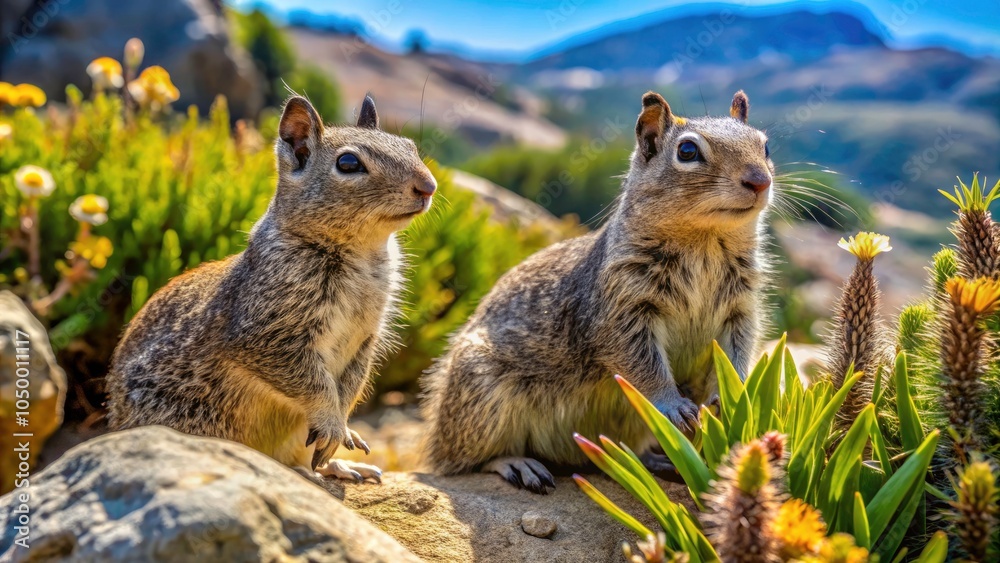 Fototapeta premium California Ground Squirrels in Their Natural Habitat - Otospermophilus beecheyi, Wildlife Documentary Photography, California, USA, Nature, Animal Behavior, Conservation, Ecosystem