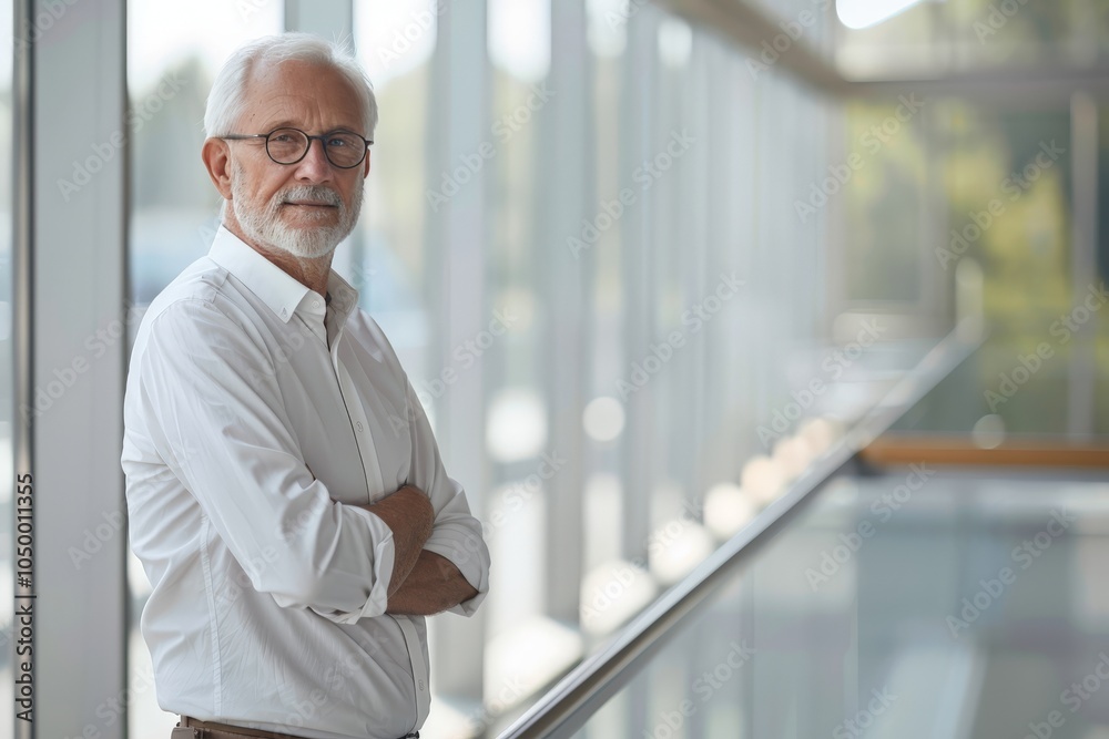A distinguished elderly man stands confidently with crossed arms in a contemporary hallway, sunlight streaming through large windows, exuding wisdom and experience. A distinguished elderly man stands confidently with crossed arms in a contemporary hallway, sunlight streaming through large windows, exuding wisdom and experience.
