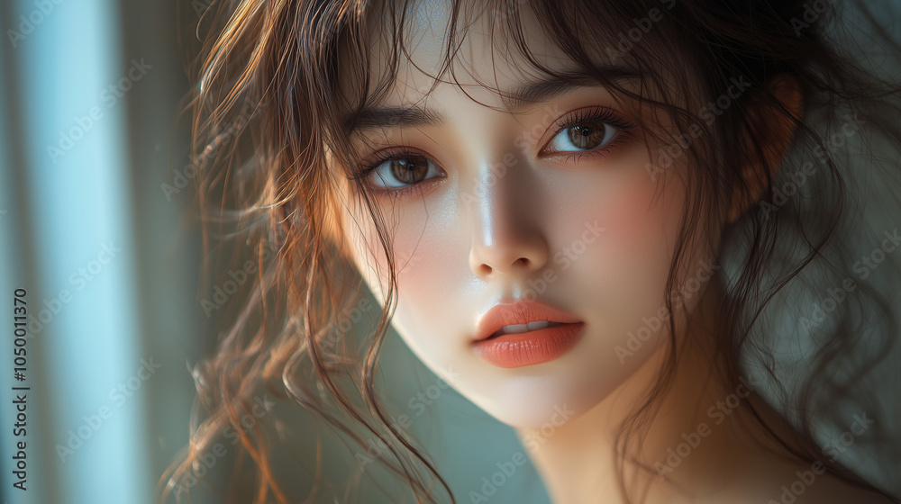 Naklejka premium 美女, 女性, 美しい, 顔, モデル, 日本, 韓国, 中国, アジア, カフェ, ファッション