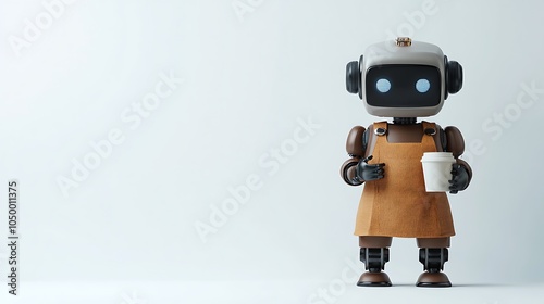 A robot dressed as a barista, wearing a brown apron and holding a coffee cup, isolated on a simple background