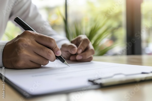 Two hands writing on a document, bathed in soft natural light, symbolizing focus, business undertakings, and professionalism within a calming atmosphere. photo