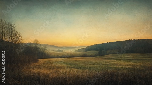 Capture a serene, panoramic view of a magnificent valley at dawn, highlighting the loan field in rich oil painting textures