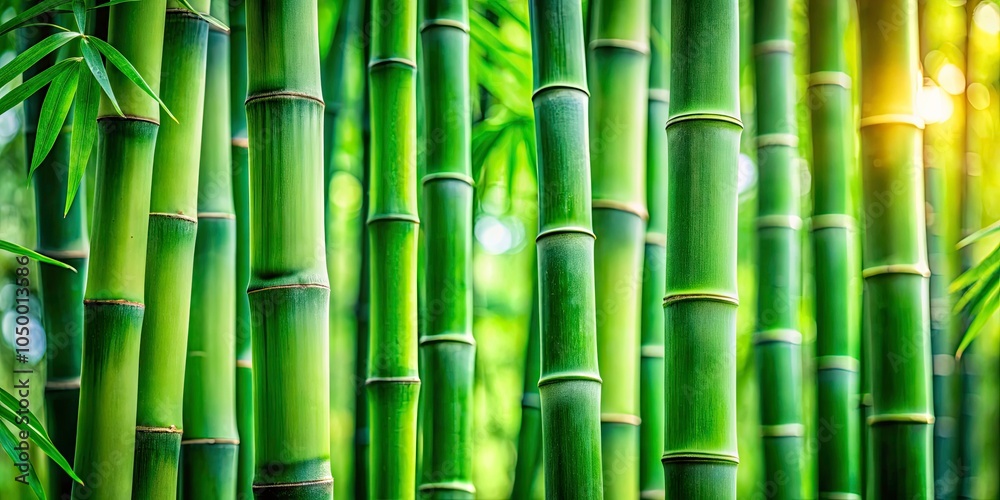 Fototapeta premium Closeup of Fresh Bamboo Stalks with Lush Green Leaves, Showcasing Natural Beauty, Texture, and Vibrant Colors in a Long Exposure Photography Style