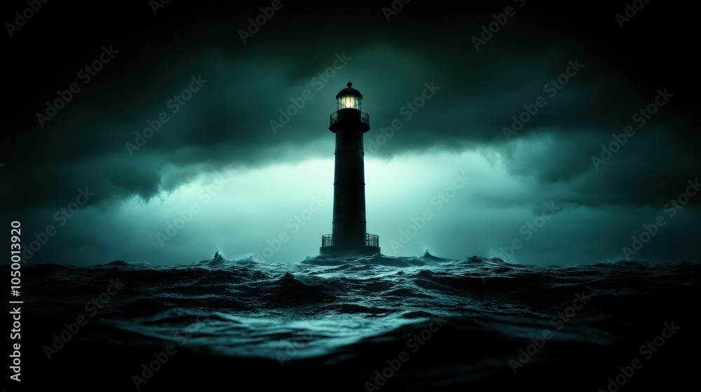 Lighthouse Beacon in Stormy Sea Dark Sky Dramatic Landscape Lighthouse Beacon in Stormy Sea Dark Sky Dramatic Landscape