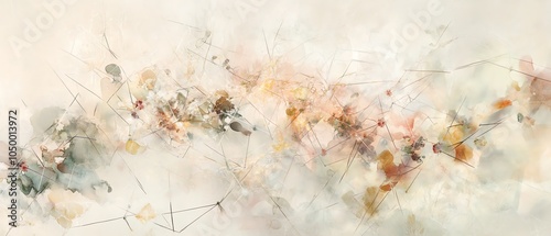 Design a detailed watercolor scene with a soft color palette showcasing an aerial view of Net Worth symbolized by a web of delicate lines connecting various abstract elements