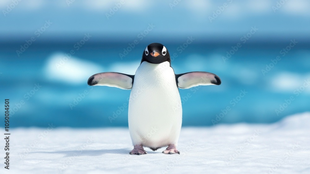 Fototapeta premium Joyful Penguin Flapping Wings by the Sea