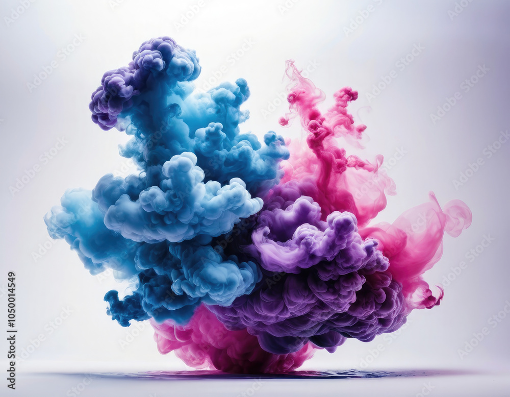 Obraz premium Acrylic color pigment and ink cloud in water. Abstract smoke on white background with copy space. Fancy dream cloud of ink underwater. Purple, blue and pink colors