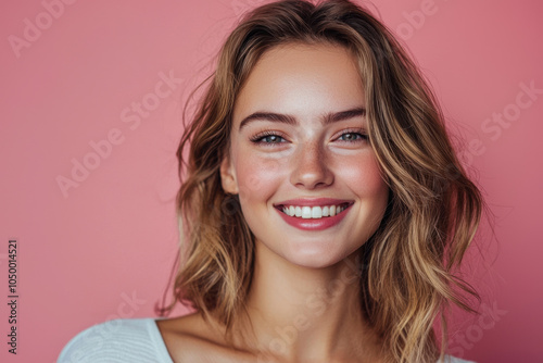 Portrait for beautiful smiling woman on a pink background photo