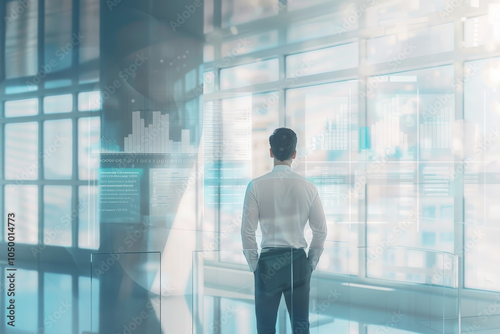 Fototapeta premium An analyst stands in front of large digital screens filled with complex graphs and data visualizations, absorbed in making sense of intricate financial information.