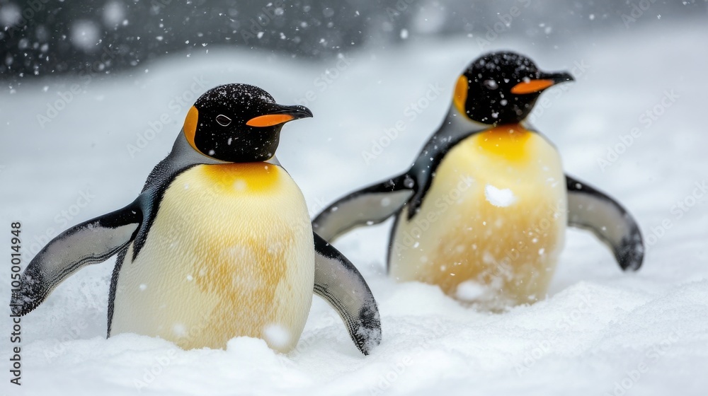 Obraz premium Penguins Sliding on Ice in a Snowy Landscape