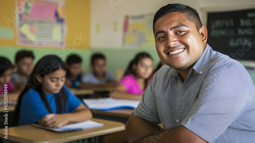 A smiling teacher engages with students in a classroom during a learning activity in the afternoon at a local school