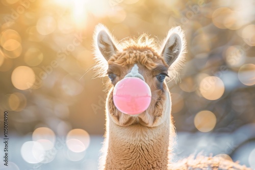 A cute llama stands outdoors, hilariously blowing a pink bubble of gum, combining natural beauty and playful characteristics under the warm morning sunlight glow. photo