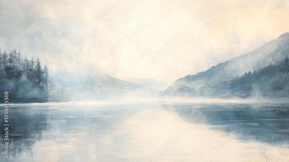 A gentle fog rolling over a quiet lake, with muted tones of soft gray, pale blue, and light beige creating a serene and peaceful atmosphere A gentle fog rolling over a quiet lake, with muted tones of soft gray, pale blue, and light beige creating a serene and peaceful atmosphere